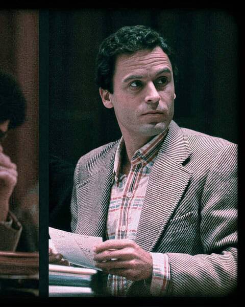 Two courtroom images side by side showing an actor at a defense table and Ted Bundy in a jacket holding papers.